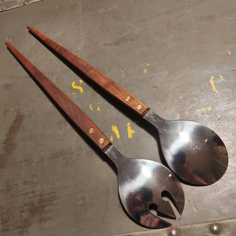 Vintage MCM Salad Serving Set 13 Inch Teak Wood Handle Stainless Steel 2 Piece